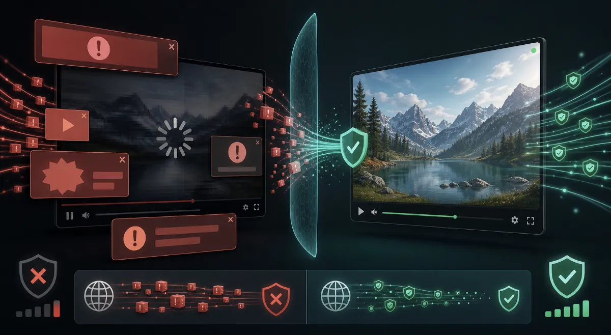 Gaming and livestreaming viewers protected from forced commercials and hidden trackers.